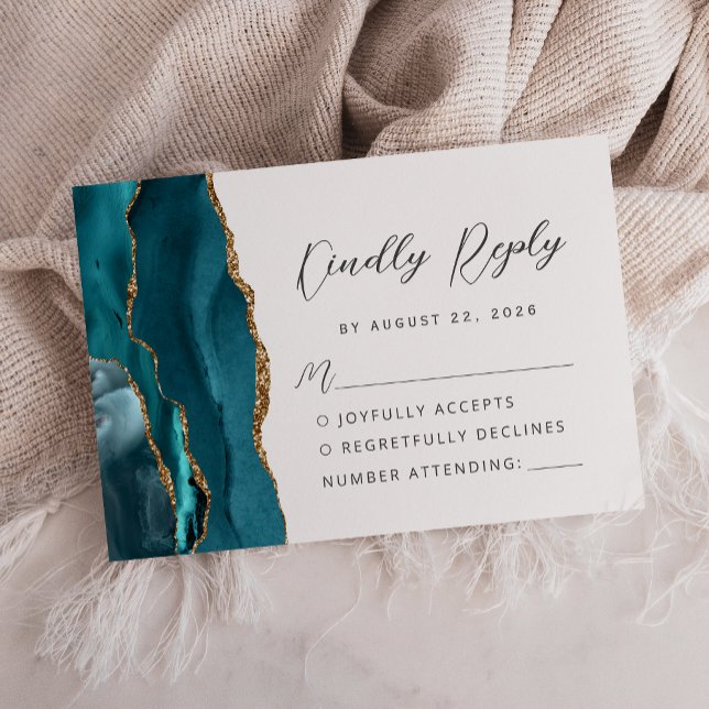 Cartão RSVP Casamento de Script Moderno Dourado Azul Agate Tea (Criador carregado)