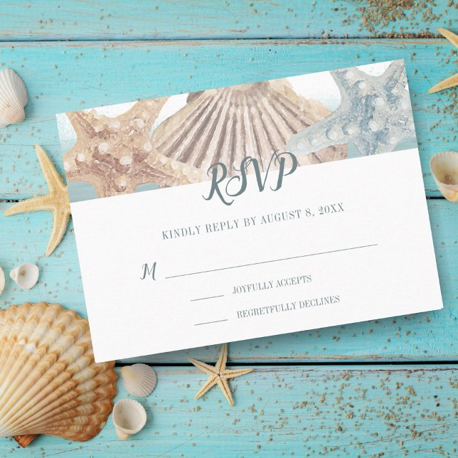 Cartão RSVP Casamento de Seashell com Starfish de praia tropic (Criador carregado)