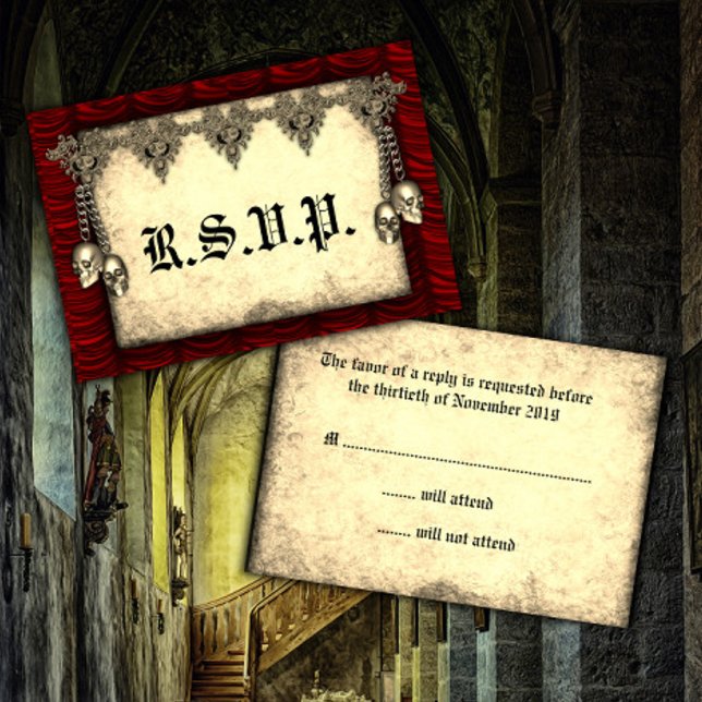 Cartão RSVP Casamento de Seda Vermelha Gótica e Cascas Dourada (Criador carregado)