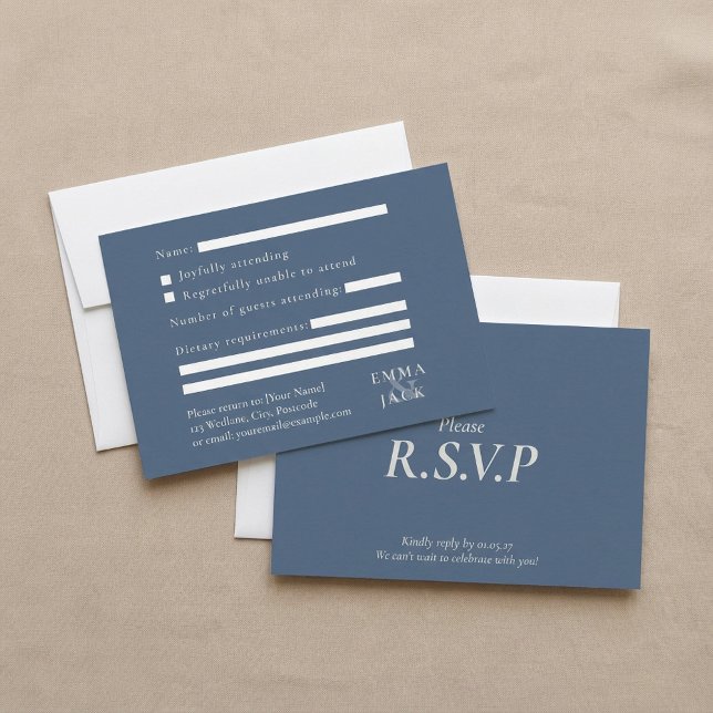 Cartão RSVP Casamento de serifa azul Elegante e casamento (Elegant Blue serif ampersand wedding RSVP Card.)