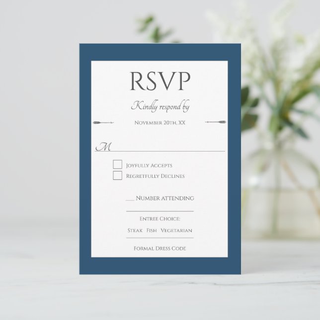 Cartão RSVP Casamento de setas minimalista | Azul Marselha (Em pé/Frente)