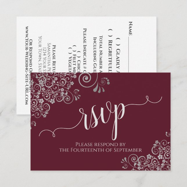 Cartão RSVP Casamento de Silver Frils Silver Calliografia Eleg (Frente/Verso)