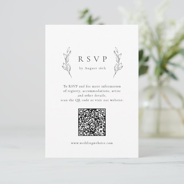 Cartão RSVP Casamento de simples elegância botânica com código (Em pé/Frente)