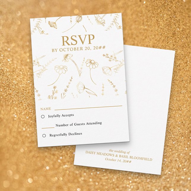 Cartão RSVP Casamento de Sketch de Flor Selvagem Branca e Dour (RSVP Card in White & Gold, from my Wildflower Sketch collection)