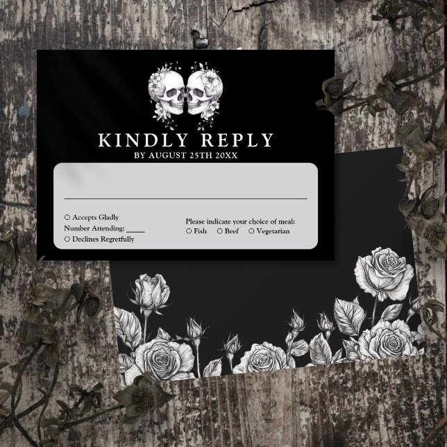 Cartão RSVP Casamento de Skulls Floral Gothic (Gothic Floral Skulls Wedding RSVP Card)