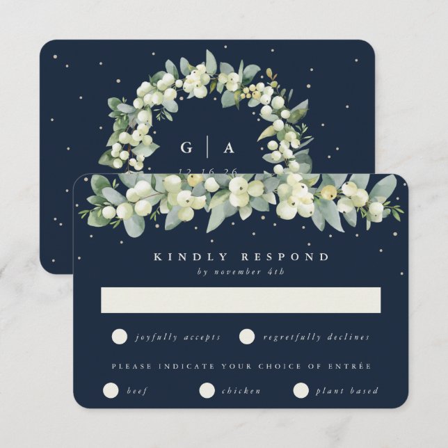 Cartão RSVP Casamento de Snowberry/Eucalyptus Garland Marinho  (Frente/Verso)