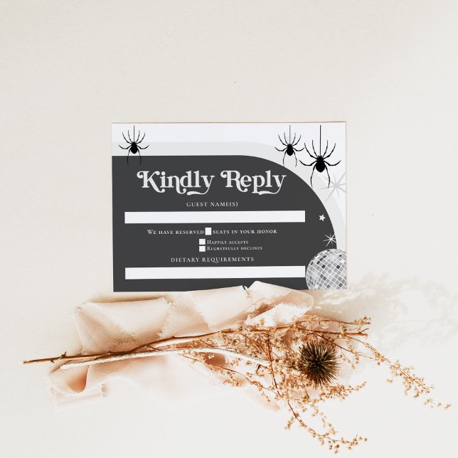 Cartão RSVP Casamento de Spiders e Bola de Disco Retro Hallowe (Criador carregado)