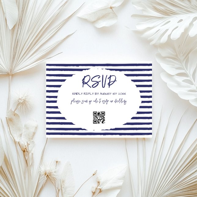Cartão RSVP Casamento de Stripes Brancas Azuis Modernas (Criador carregado)