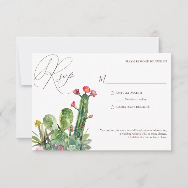 Cartão RSVP Casamento de Succulents no Deserto Elegante (Frente)