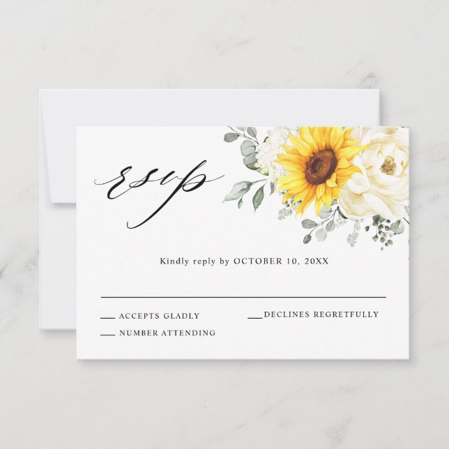 Cartão RSVP Casamento de Sunflower Ivory Peony Floral Eucalypt (Frente)