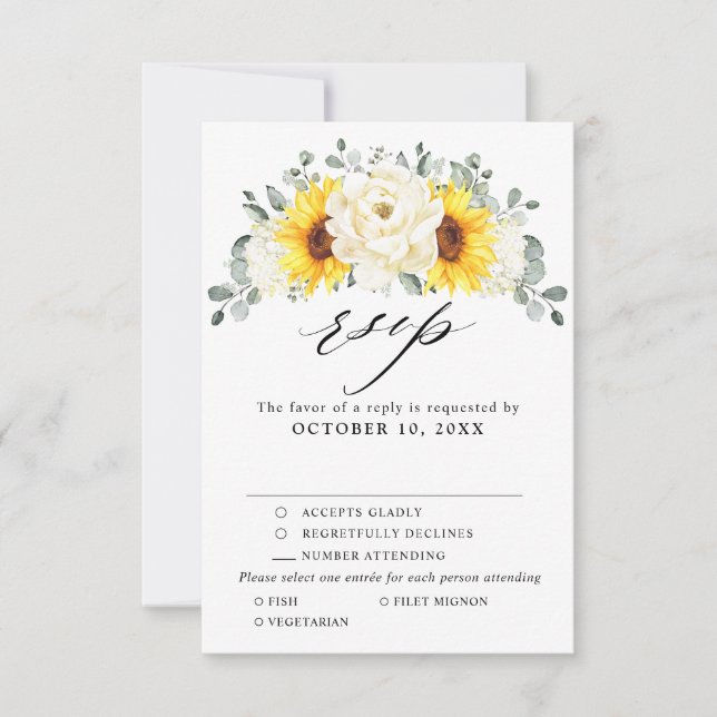 Cartão RSVP Casamento de Sunflower Ivory Peony Floral Eucalypt (Frente)