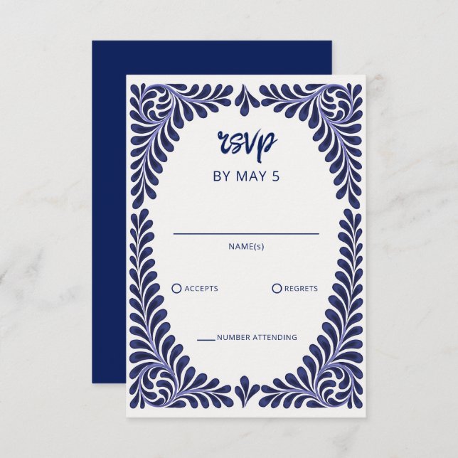 Cartão RSVP Casamento de Talavera Azul Marinho Mexicano (Frente/Verso)