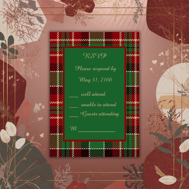 Cartão RSVP casamento de tartan celta escocês vermelho-verde (Criador carregado)