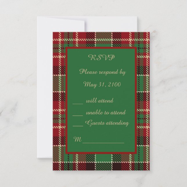 Cartão RSVP casamento de tartan celta escocês vermelho-verde (Frente)