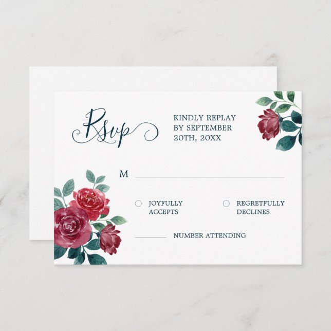 Cartão RSVP Casamento de Teal de Borgonha com Aquarela Floral  (Frente/Verso)