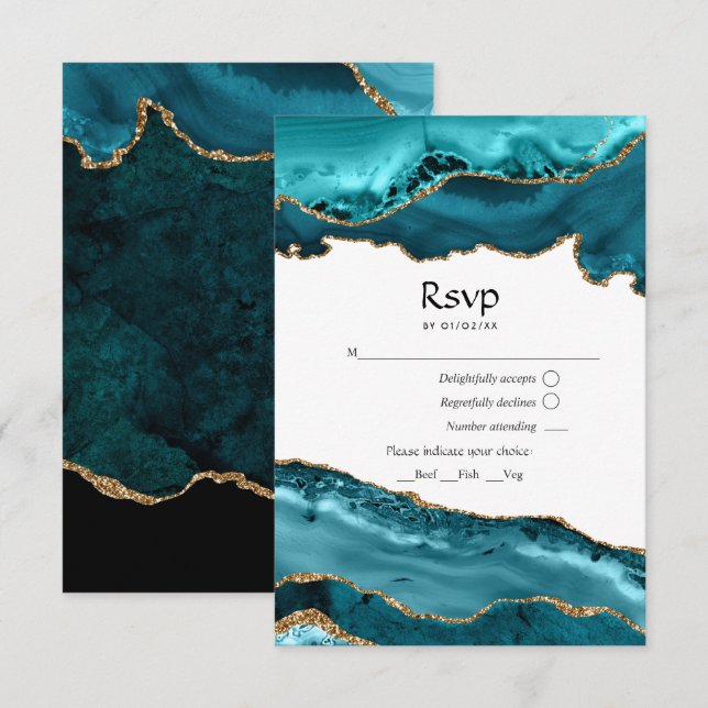 Cartão RSVP Casamento de Teal e Agate Dourado (Frente/Verso)