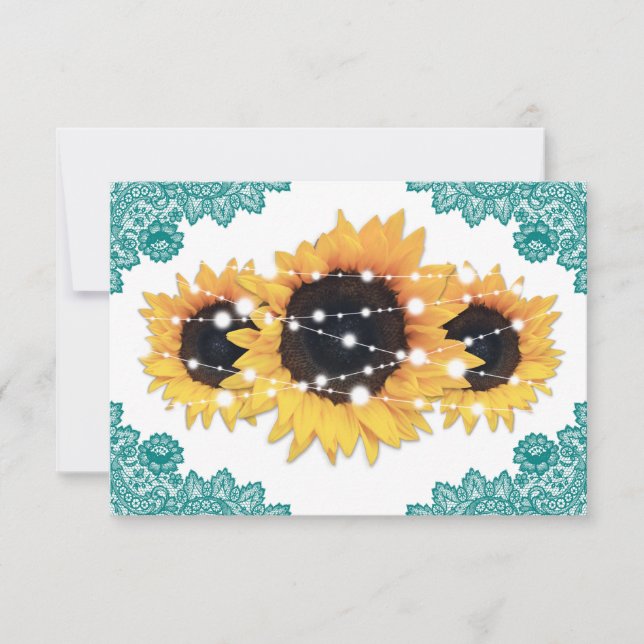 Cartão RSVP Casamento de Teal Rustic Chic Lace Sunflower (Frente)