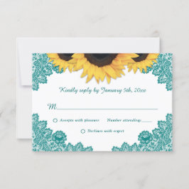 Cartão RSVP Casamento de Teal Rustic Chic Lace Sunflower