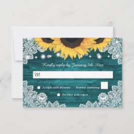 Cartão RSVP Casamento de Teal Rustic Wood Lace Sunflower