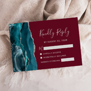 Cartão RSVP Casamento de Teal Silver Agate Burgundy