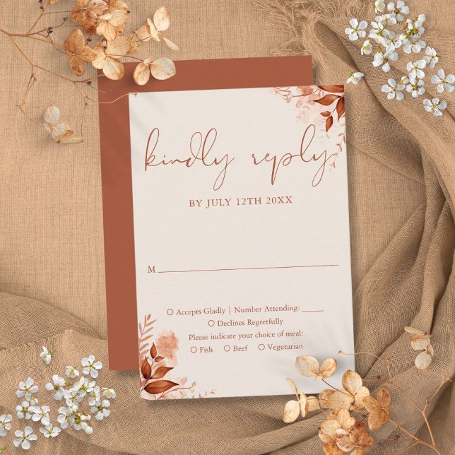 Cartão RSVP Casamento de Terracotta Floral Russo de outono (Autumn Fall Rustic Floral Terracotta Wedding RSVP Card)