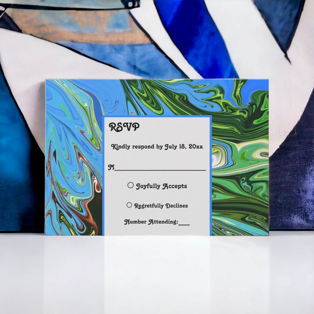 Cartão RSVP Casamento de Tinta Abstrato Verde Azul Mínimo Eleg (Criador carregado)