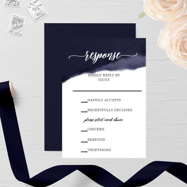 Cartão RSVP Casamento de Traço de Pincel de Aquarela marinho (Criador carregado)