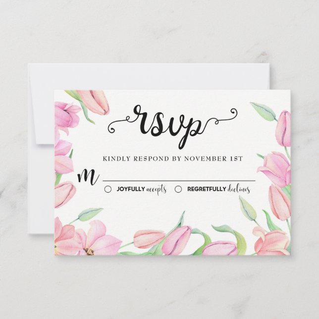 Cartão RSVP Casamento de Tulipas de Aquarela Rosa (Frente)