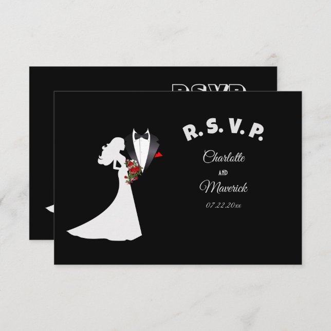 Cartão RSVP Casamento de Tuxedo Suit & Bride Silhouette (Frente/Verso)