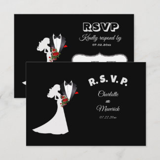 Cartão RSVP Casamento de Tuxedo Suit & Bride Silhouette