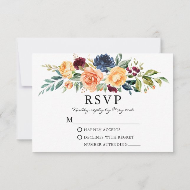 Cartão RSVP Casamento De Veneração Floral Mistura De Aquarelas (Frente)