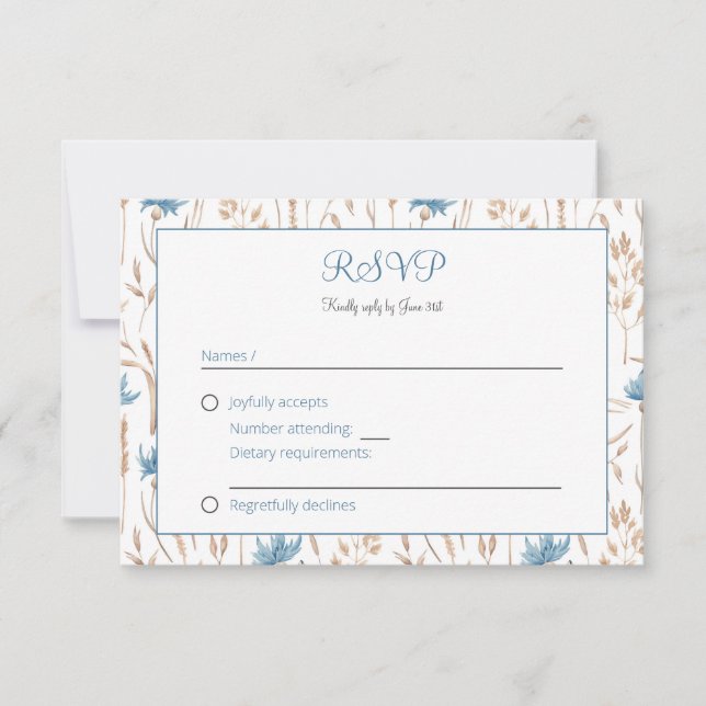 Cartão RSVP Casamento de Verão Azul Flores Selvagens Secas Rai (Frente)