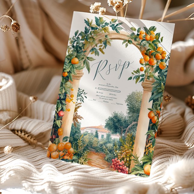 Cartão RSVP Casamento de Verão Chic Lemon Mediterrânica (Criador carregado)