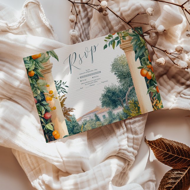 Cartão RSVP Casamento de Verão Chic Lemon Mediterrânica (Criador carregado)