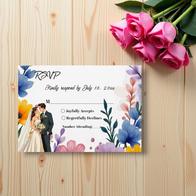 Cartão RSVP Casamento de Verão com Casal de Jardim Floral de W (Criador carregado)