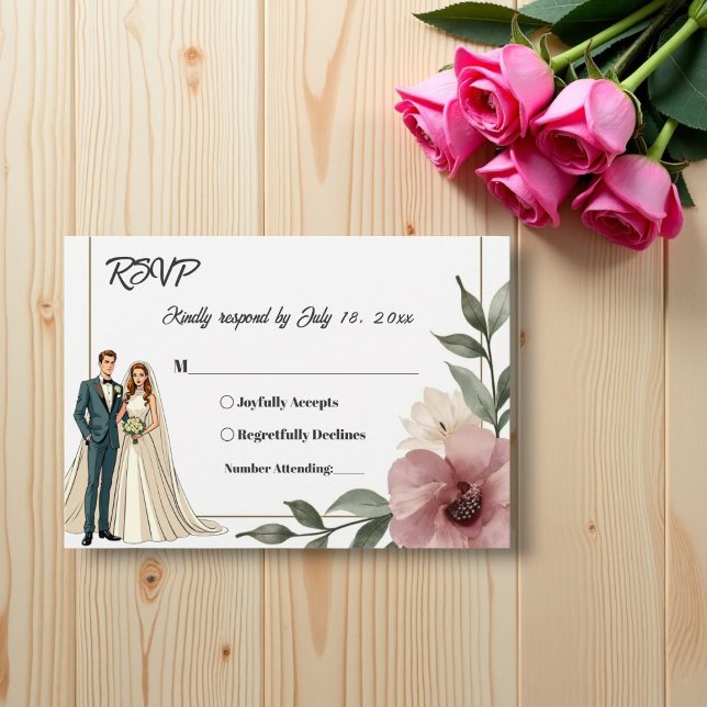 Cartão RSVP Casamento de Verão com Casal Floral Rustic Waterco (Criador carregado)