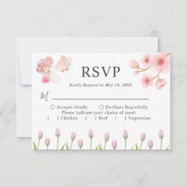 Cartão RSVP Casamento de Verão com flores e borboletas, cor-de