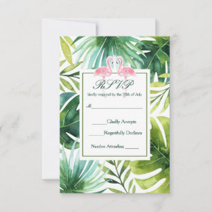 Cartão RSVP Casamento de Verão com Folhas Tropicais e Flamingo