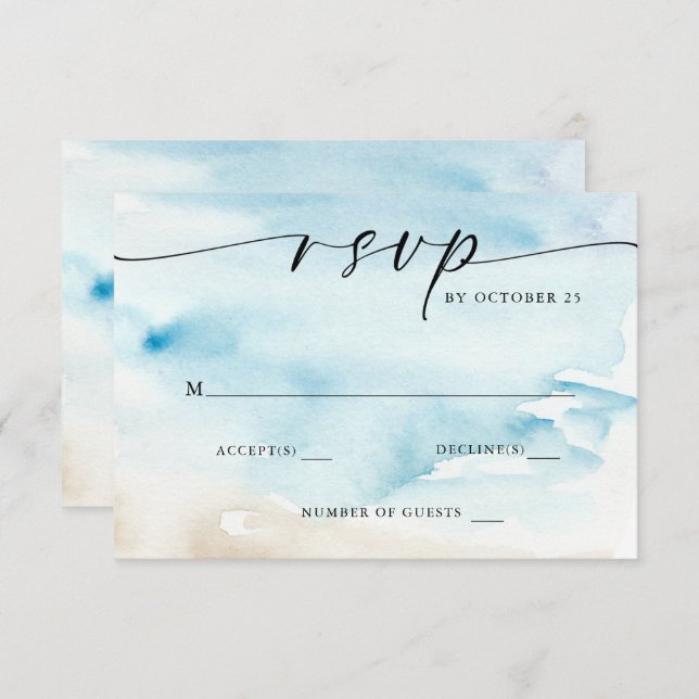Cartão RSVP Casamento de Verão na Praia do Oceano em Aquarela (Frente/Verso)