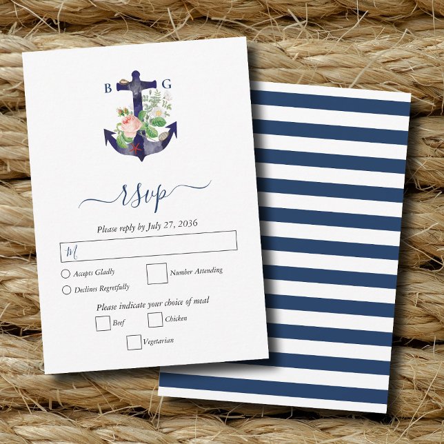 Cartão RSVP Casamento de Verão Náutico Floral de Âncora Botâni (Anchor Botanical Floral Nautical Summer Wedding RSVP Card)