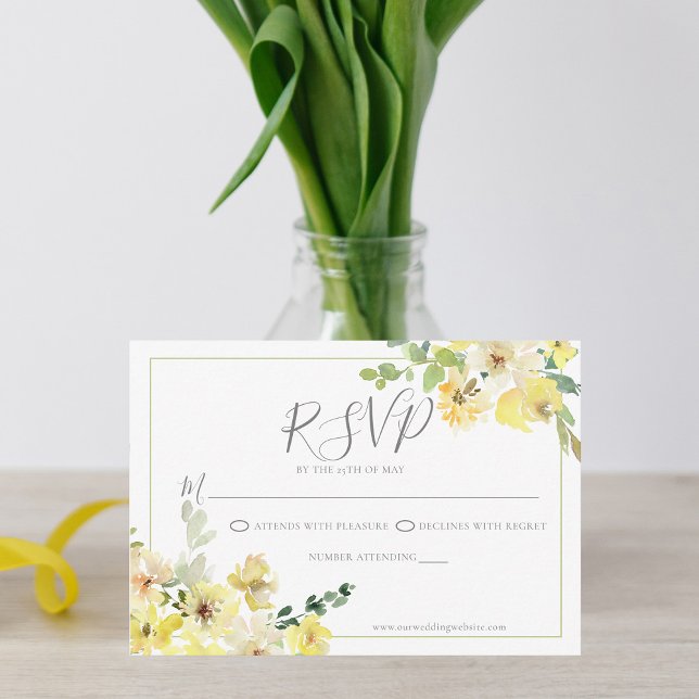 Cartão RSVP Casamento de Verão Verde de Sage Floral Amarelo De (Criador carregado)