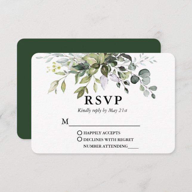 Cartão RSVP Casamento de Verde Botânico Moderno com Aquarela (Frente/Verso)