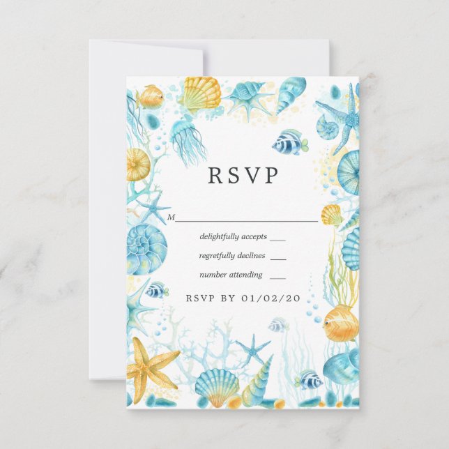 Cartão RSVP Casamento de Vida no Mar Azul e Amarelo (Frente)