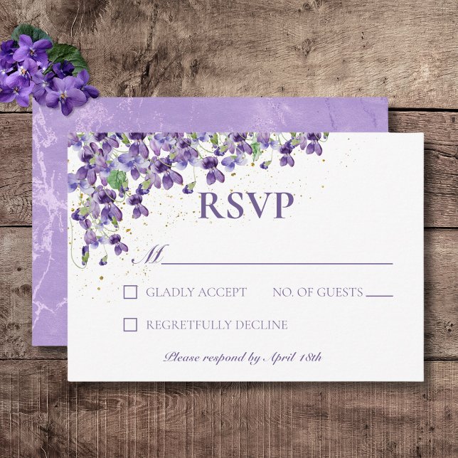 Cartão RSVP Casamento de Violetas de Cores d'Água Púrpura (Rustic Purple Violets Gold Sparkle Wedding Response Card)