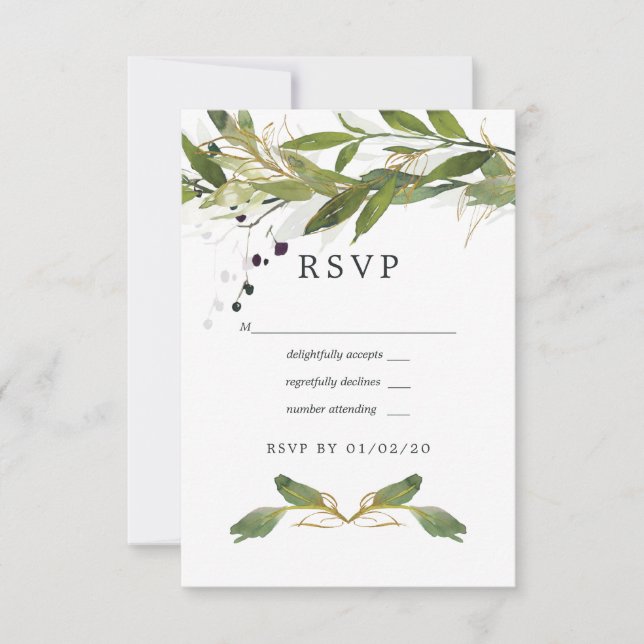 Cartão RSVP Casamento de Watercolor Leafy Greenery (Frente)