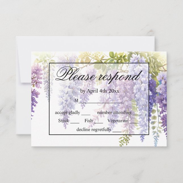 Cartão RSVP Casamento de wisteria de cor azul-esrola Elegante (Frente)