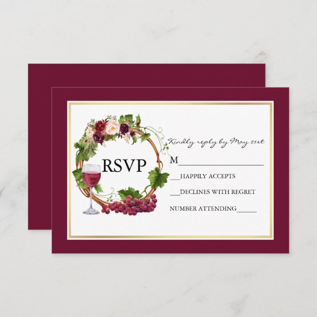 Cartão RSVP Casamento de Wreath Burgundy, Uvas Florais De Aqua (Frente/Verso)