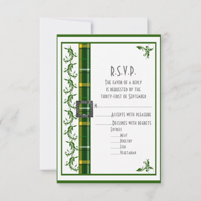 Cartão RSVP Casamento de xadrez de tartan verde R.S.V.P. (Frente)
