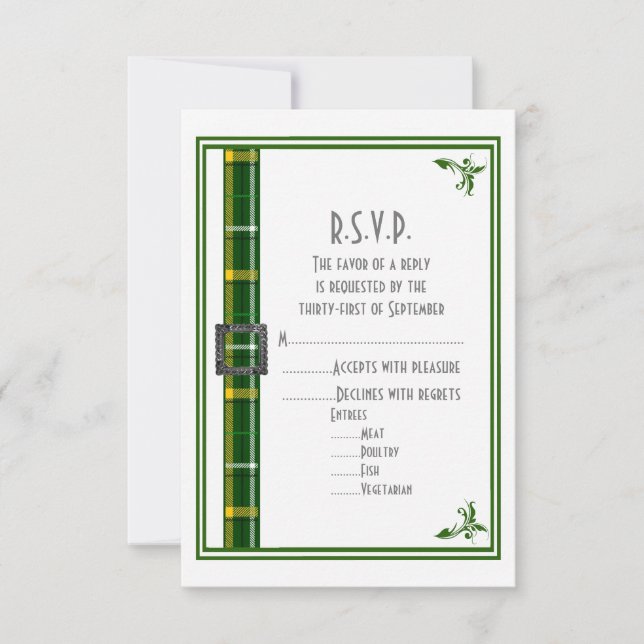 Cartão RSVP Casamento de xadrez de tartan verde R.S.V.P. (Frente)