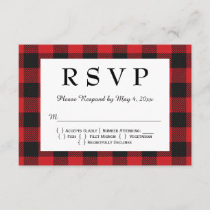 Cartão RSVP Casamento de Xadrez Red Black Buffalo